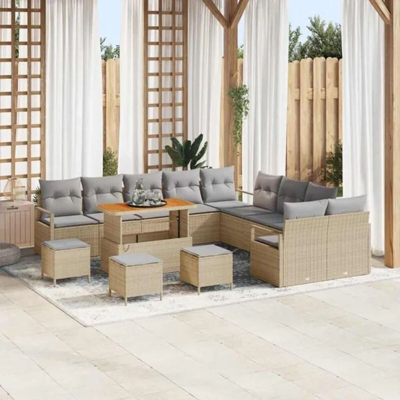 vidaXL Garten-Sofa-Set aus Poly-Rattan mit 14-teiligem Kissen-Set in Beige - Bild 1