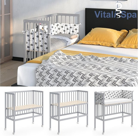 VITALISPA Beistellbett SOPHIE aus Pappelholz in Grau als Babybett, Stillbett und Stubenbett mit Seitenauslass