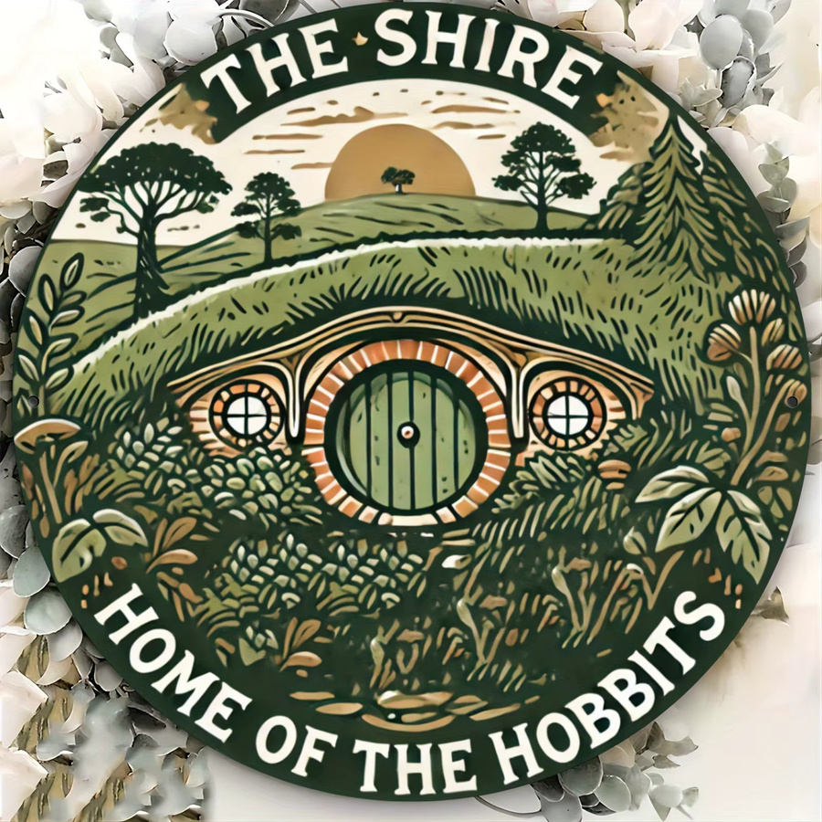 Potdemiel The Shire Hobbit's Home Rundes Metall-Wandkunstschild in Mehrfarbig, Rustikale Bauernhaus-Dekoration mit Blättern und geometrischen Motiven, Durchmesser: 19,8 cm - Bild 2