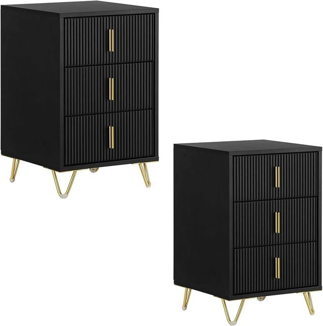 SoBuy 2er Set Nachttisch und Beistelltisch Schwarz Gold mit 3 Schubladen B/T/H: 40 x 40 x 63 cm - Bild 1