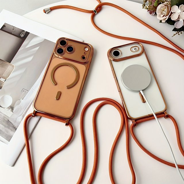 Jinitaimeik Magnetische Klare iPhone Hülle mit Lanyard-Halskette und MagSafe-Unterstützung, Transparent/Orange - Bild 1