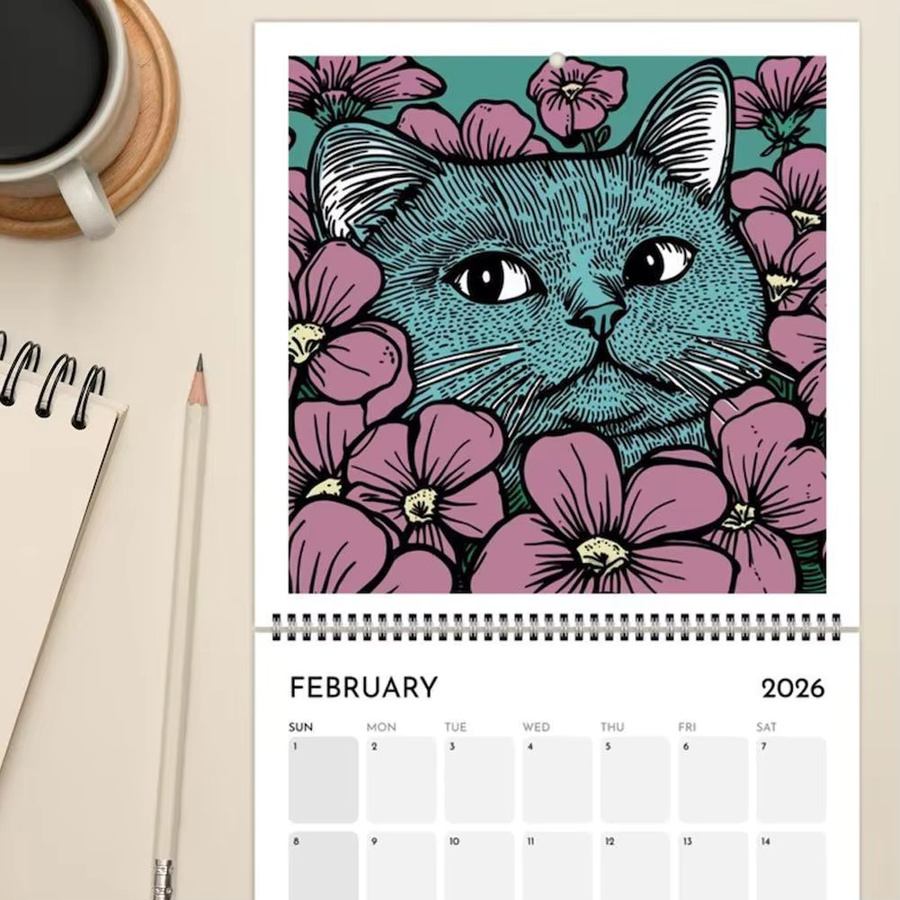 Katzen Chillin mit Kaffee Wandkalender 2026 im Ins-Stil, Monatlicher Familienplaner und Organizer in Blau und Mehrfarbig - Bild 5