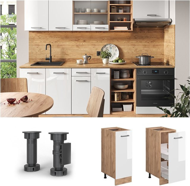 Vicco Apothekerunterschrank R-Line Küchenschrank in Weiß und Eiche mit Goldakzenten, Breite: 30 cm - Bild 1