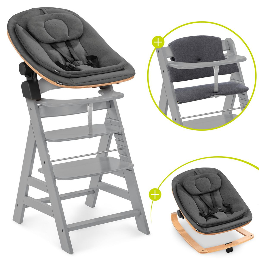 Hauck Alpha Plus 4-tlg. Newborn Set Hochstuhl mit Neugeborenenaufsatz, Wippe Eco und Sitzkissen in Grey - Bild 1
