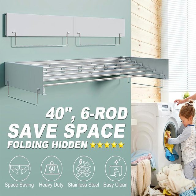 HiMISS Wandmontierter ausziehbarer Wäscheständer aus Metall, platzsparender Handtuchtrockner für Badezimmer und Wäschezimmer, B/T/H: 101,6 x 10,0 x 4,0 cm - Bild 1
