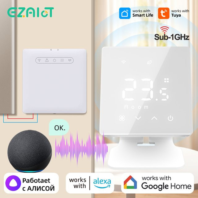 Tuya WLAN RF433 Thermostat-Empfänger für Gasheizkessel und Fußbodenheizung, Intelligenter Temperaturregler mit App-Steuerung und Sprachsteuerung für Alexa und Google Home, Weiß - Bild 1
