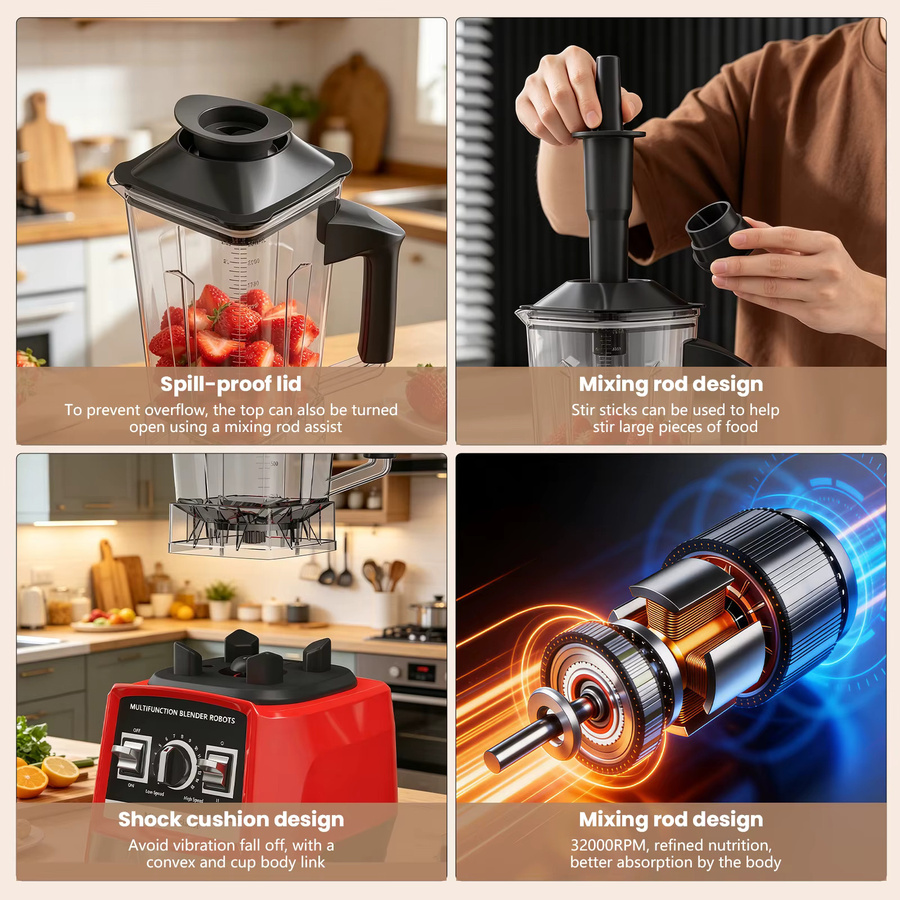 WUIETI 8-in-1 Multifunktionsmixer in Rot mit 9500W und 3L Kapazität, Küchenmaschine als Entsafter, Fleischzerkleinerer, Teigbereiter und Zitruspresse - Bild 3