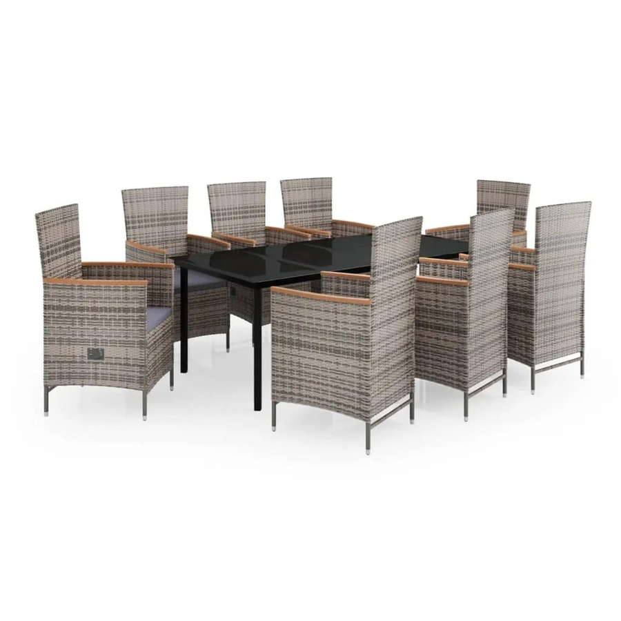 vidaXL 9-teilige Garten-Essgruppe aus PE-Rattan und Akazienholz in Grau mit Glasplatte - Bild 2
