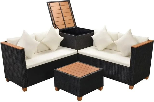 vidaXL 4-tlg Garten-Lounge-Set aus Poly Rattan in Schwarz mit Auflagen und pulverbeschichtetem Stahlrahmen - Bild 1