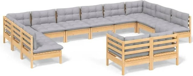 vidaXL 12-tlg. Garten-Lounge-Set aus massivem Kiefernholz in Braun-Grau mit grauen Polsterkissen in U-Form - Bild 1