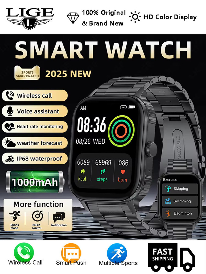 LIGE Smartwatch, Edelstahl, Schwarz, Unisex - Bild 6