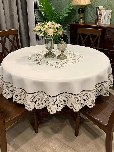 JMG Household Supplies Tischdecke aus Polyester mit floraler Jacquard-Webung und Hohlsaumschnitt, Weiß, Durchmesser: 200 cm - Bild 1