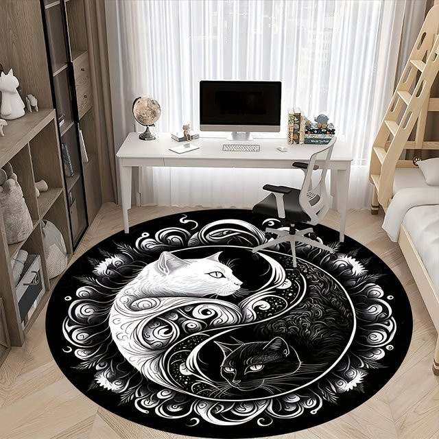 VIKAMA Runde Bodenmatte Yin-Yang Schwarz-Weiß-Katze für Wohnzimmer, Schlafzimmer und Spielzimmer, Durchmesser: 60 cm - Bild 1