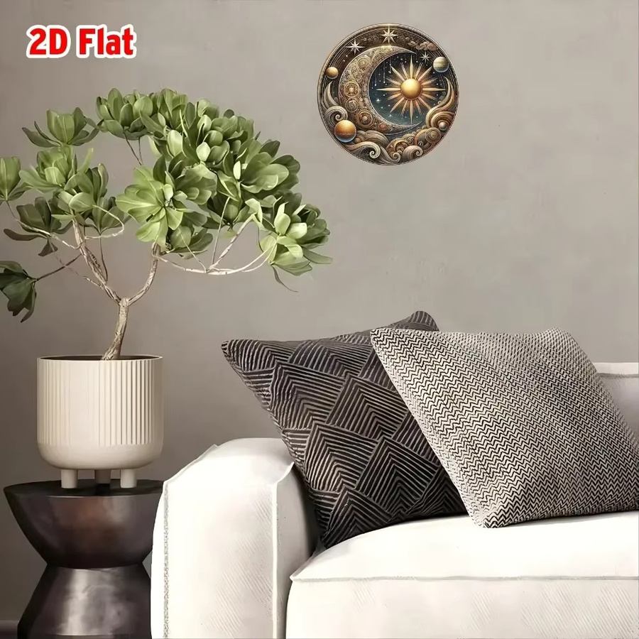 Potdemiel Wandkunst Vintage Mystischer Mond und Sonne mit Blumenrelief und Sternen, rundes Aluminiumdekor, Durchmesser: 20 cm - Bild 3