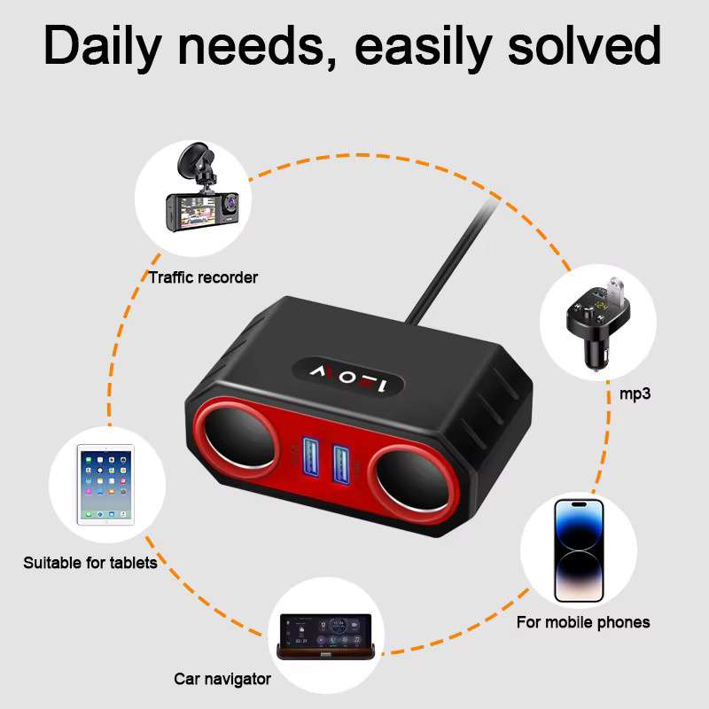 Baideluo Auto One Tow Four Multifunktions-Autoadapter mit USB-A und USB-C Ladegerät für 12-24V in Schwarz - Bild 6