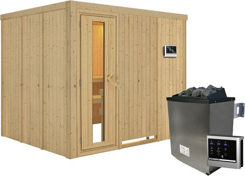 Karibu Sauna Jöhvi aus Fichtenholz in Beige mit 9 kW Saunaofen und externer Steuerung für 4 Personen, B/T/H: 231 x 198 x 196 cm - Bild 1