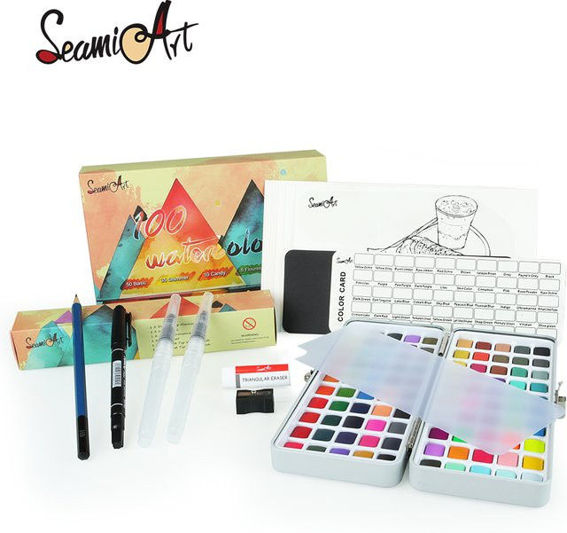 Seamiart Aquarell-Geschenkset mit 100 Farben, Aquarellpigmente inklusive Pinsel und Malpapieren in Multicolour - Bild 1