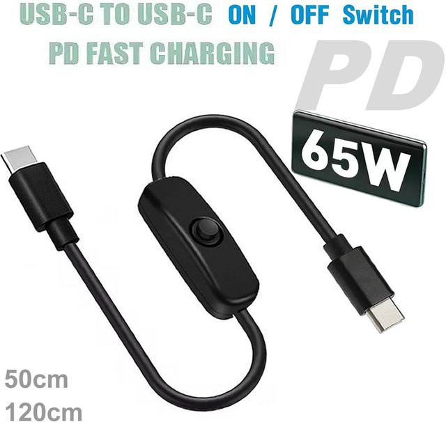 PD 65 W USB C auf USB C Schnellladekabel mit Netzschalter in Schwarz für Laptop und Smartphone - Bild 1
