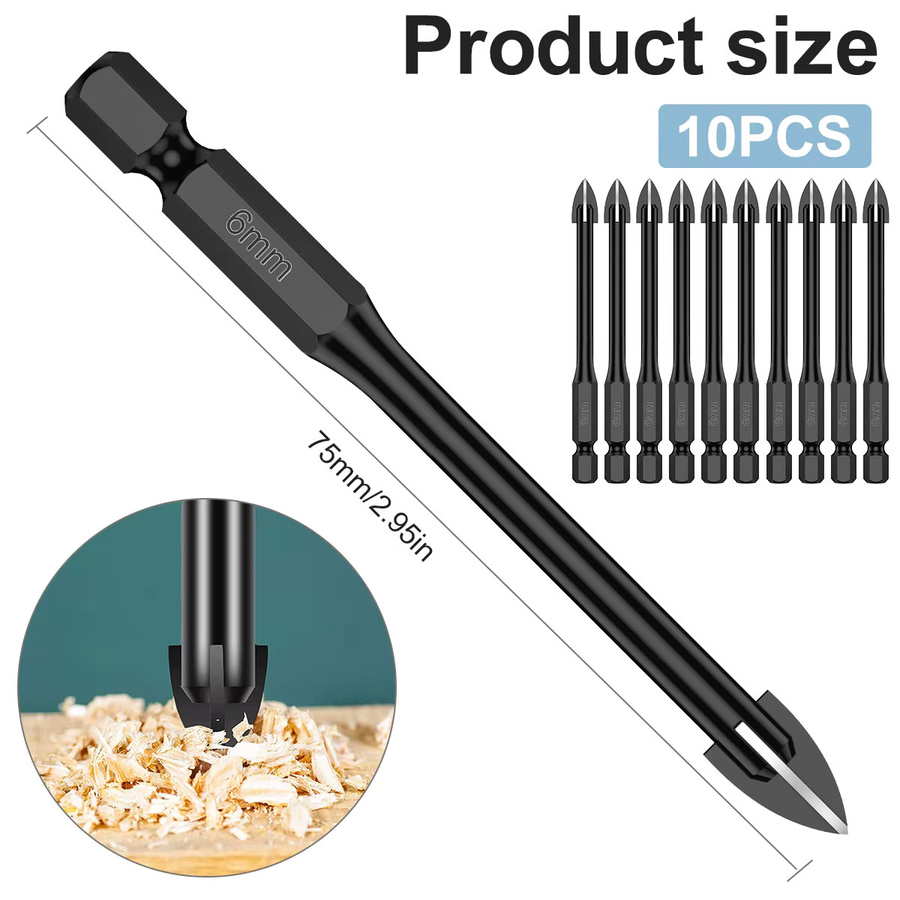 Toorise 10er Set Multifunktions Hartmetall Bohrer mit Kreuz Hex Spitze für Fliesen Porzellan Glas und Spiegel in Schwarz, Durchmesser: 6 mm - Bild 5