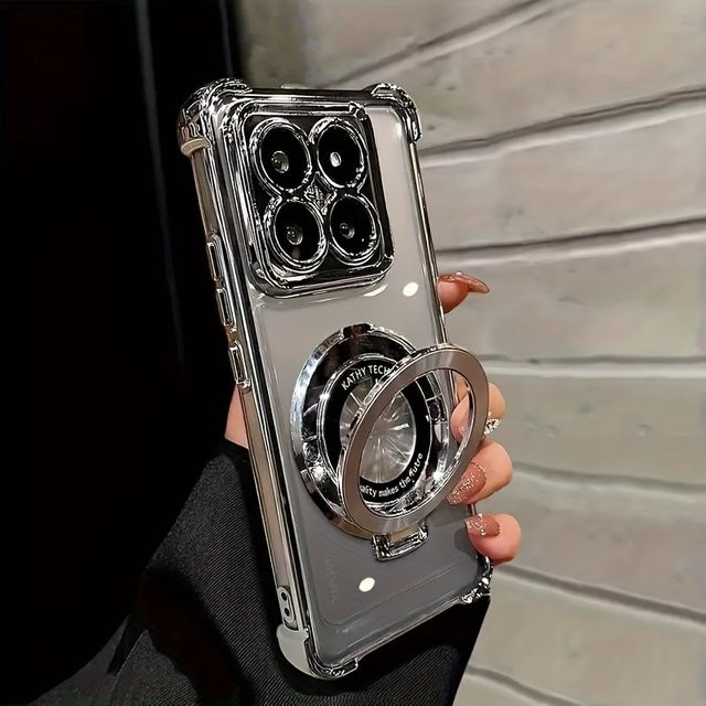 Transparente Handyhülle mit galvanisiertem Magnetständer und stoßfestem Design für Xiaomi 15T Pro und Xiaomi 15T in Pink - Bild 1