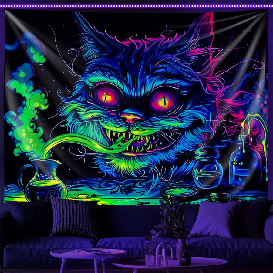 VIKAMA Wandteppich Evil Cat mit grünem Rauch in Schwarz und Grün, moderner Wandbehang als Illustration für dein Wohnzimmer oder Schlafzimmer - Bild 2
