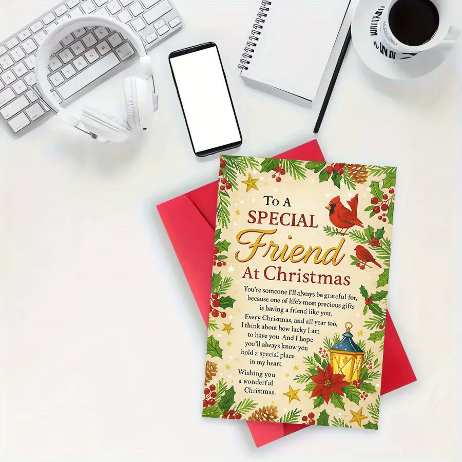 Festliche Weihnachts-Grußkarte mit rotem Vogel-Design inklusive Umschlag für Freunde und Erwachsene - Bild 2