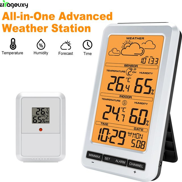 Urageuxy Drahtlose Wetterstation mit digitalem Farbdisplay in Weiß für Zuhause, Büro und Gewächshaus zur Messung von Außentemperatur, Innentemperatur, Luftfeuchtigkeit und Luftdruck - Bild 1