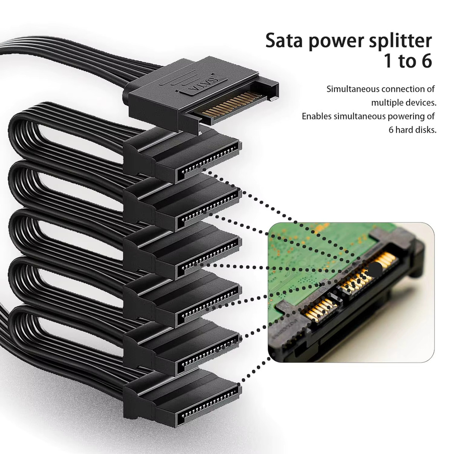JoniSerl SATA-Stromverteilerkabel 6-fach, 15-Pin auf 6 Anschlüsse für HDD, SSD und optische Laufwerke, Schwarz - Bild 4