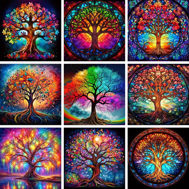 YUTTEE Diamantmalerei Baum des Lebens als Mosaik-Stickerei in bunter Landschaft für die Wanddekoration, runde Ausführung - Bild 1