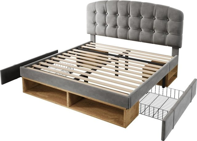 okwish Polsterbett mit Samtbezug und Schubladen in Grau, B/T/H: 140 x 190 cm - Bild 1