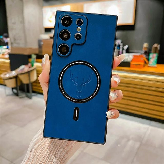 Stoßfeste Samsung Galaxy Handyhülle aus Kunstleder mit Hirschkopf-Design in Blau für S26 S25 S24 S23 S22 S21 Ultra Plus FE Edge Note 20 Ultra - Bild 1