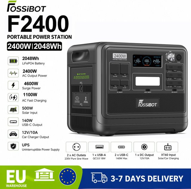 FOSSIBOT Tragbare Powerstation 2400W mit 2048Wh LiFePO4 Batterie, Solar-Generator in Schwarz mit 13 Anschlüssen und App-Steuerung - Bild 1