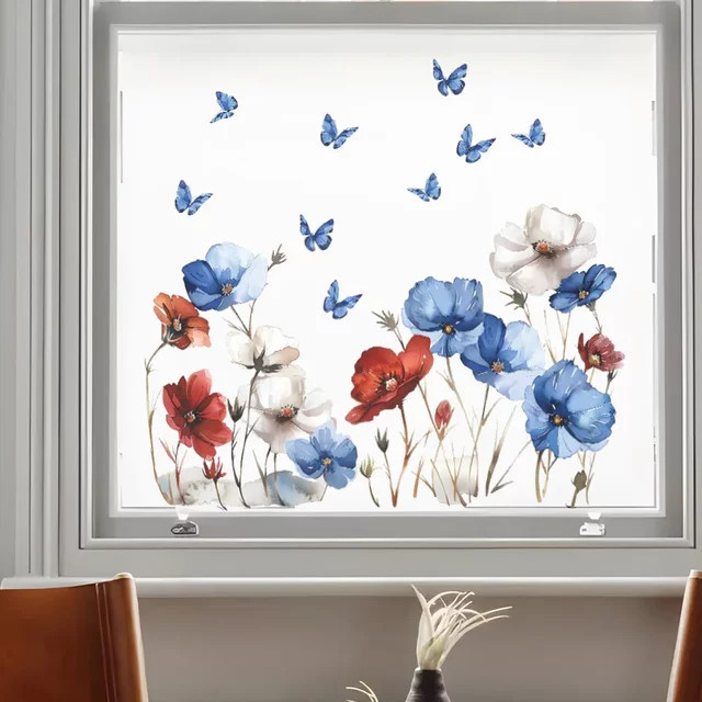 Aquarell Mohn Blumen Fensteraufkleber in Rot und Mehrfarbig für die moderne Dekoration deiner Fenster - Bild 1