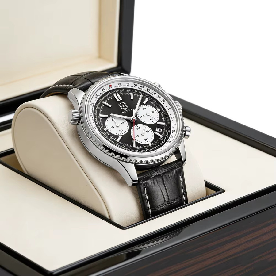 QINGXIYA Armbanduhr Herren, Quarz, Chronograph, Leder, Schwarz - Bild 2