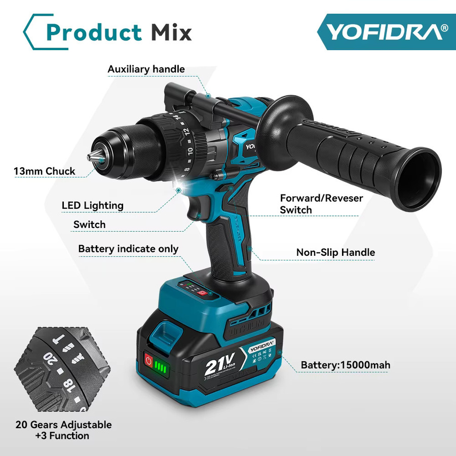 YOFIDRA Bürstenlose elektrische Schlagbohrmaschine und Akkuschrauber in Blau, kompatibel mit Makita 18V LXT Akkus, 900N.M Drehmoment, 3200 RPM, 13mm Bohrfutter - Bild 5