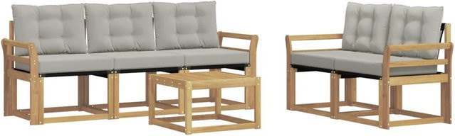vidaXL Outdoor-Sofagarnitur 6-teilig aus massivem Akazienholz mit Textilene und Kissen in Weiß-Hellgrau - Bild 1