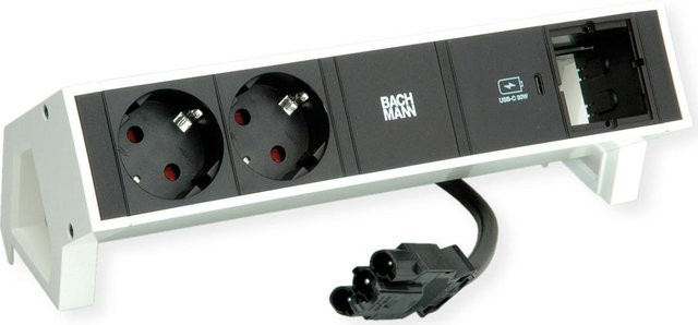 Bachmann DESK2 Steckdosenleiste in Weiss mit 2x Schutzkontaktsteckdosen Schwarz, 1x USB-C 30W Charger und 1x leerem Custom Modul - Bild 1