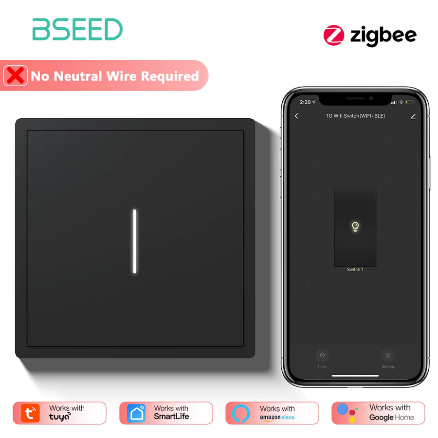 BSEED Zigbee Wandschalter mit Tuya Smart Life und Alexa Sprachsteuerung, weißer smarter Tastenschalter ohne Neutralleiter aus Kunststoff - Bild 4