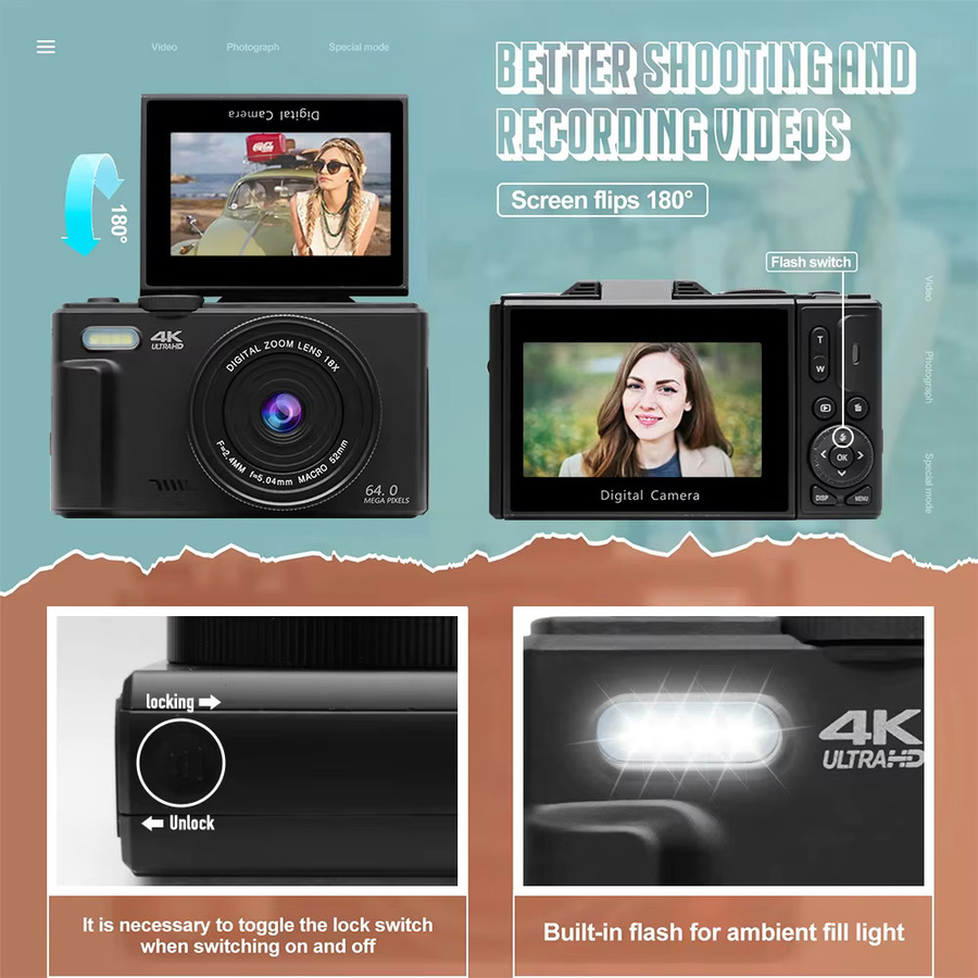 Ourlife Kompakte digitale 4K Fotokamera mit 18X Digitalzoom, WiFi und 180 Grad Flip-Screen, Schwarz - Bild 6