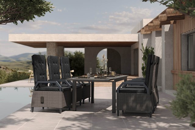 OUTFLEXX Premium Garten-Essgruppe aus Aluminium und Polyrattan in Anthrazit Matt/Grau mit ausziehbarem Tisch und 6 Dining-Sesseln, Tisch B: 160 bis 260 cm, B: 100 cm - Bild 1
