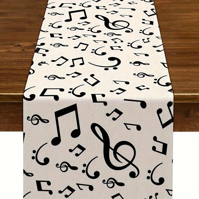 JINGYUE Pet Tischläufer aus Leinen mit Musiknoten-Design in Weiß, B/H: 150 x 33 cm - Bild 1