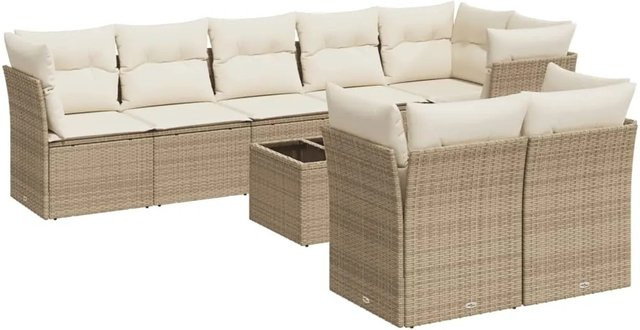 vidaXL 9-teilige Garten-Sofagarnitur aus Poly-Rattan in Beige mit Kissen und Stauraum - Bild 1
