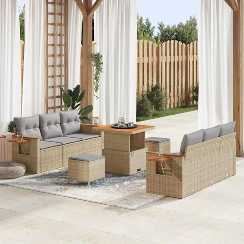 vidaXL Garten-Sofa-Set aus Poly-Rattan mit Kissen und Stauraum in Beige, 9-teilig - Bild 1