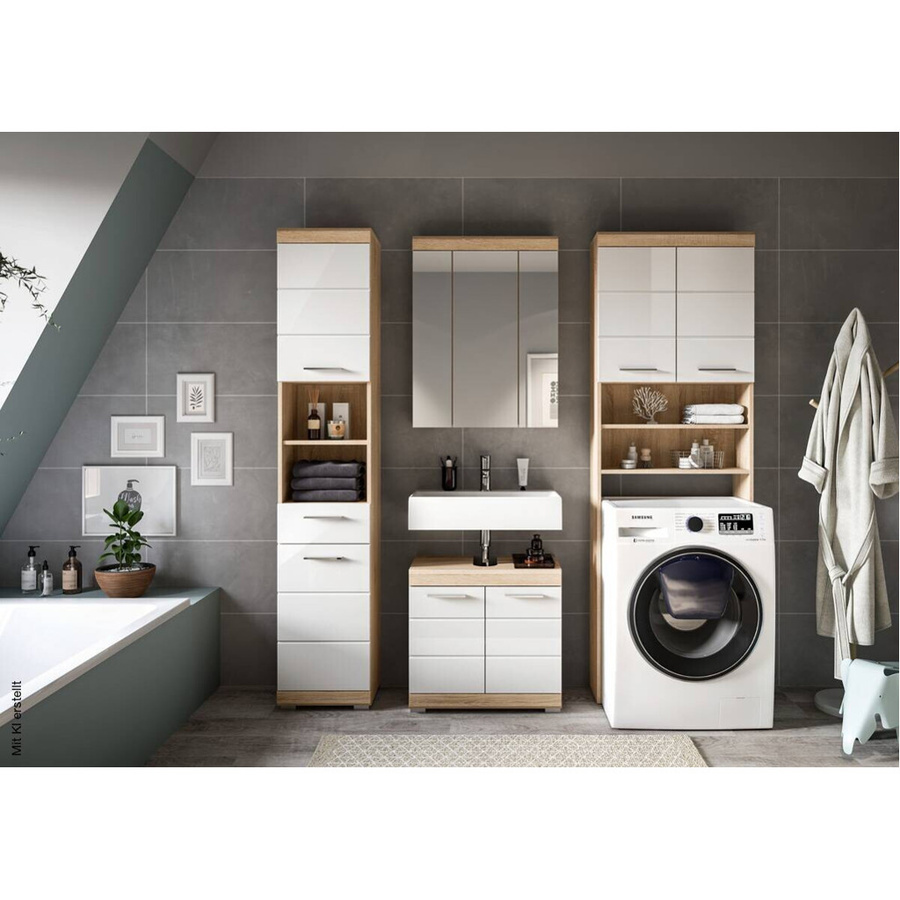 Badezimmer-Set Lambada von xonox.home in Eiche und Weiß Hochglanz, bestehend aus Waschtischunterschrank, Hochschrank und Spiegelschrank, B/H/T: 190 x 191 x 34 cm - Bild 2