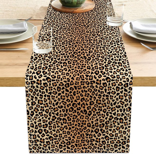 JINGYUE Pet Tischläufer aus Leinen mit Leopardenmuster in Braun, B/L: 33 x 150 cm - Bild 1