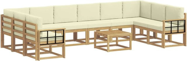 vidaXL Outdoor-Sofagarnitur in L-Form aus Akazienholz mit 11 Kissen in Weiß und Beige - Bild 1