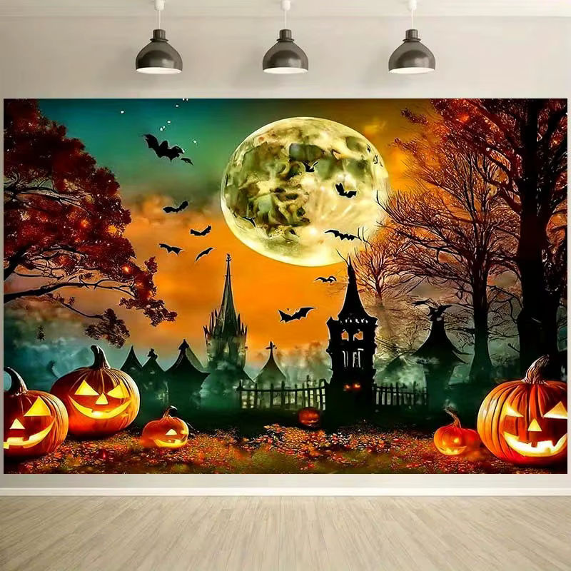 sjs Halloween 2D Hintergrund Dekoration mit Jack-O'-Lantern, Fledermäusen, Vollmond und Herbstbäumen, mehrfarbig, rechteckig - Bild 2