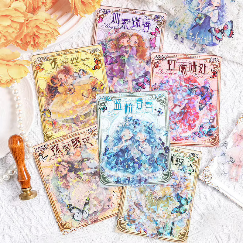 6 Stück Flash-Laser PET Aufkleber mit ästhetischen Kawaii Cartoon Mädchen Motiven für Scrapbooking und Tagebuch Dekoration, Mehrfarbig - Bild 1