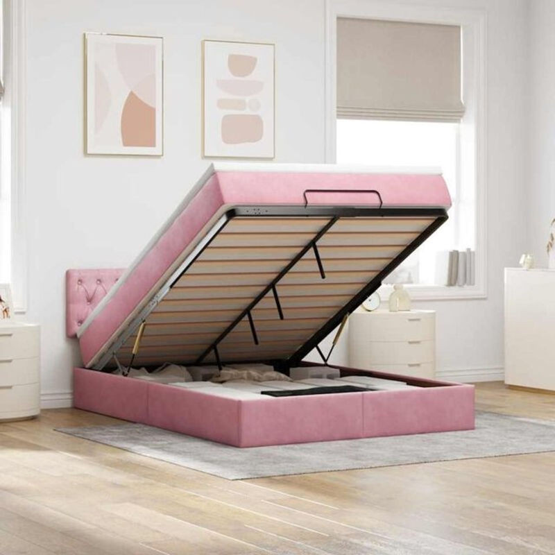 vidaxl Ottoman Polsterbett mit Matratze und LED in Rosa und Weiß aus Samt, B/T/H: 140 x 190 x 88 cm - Bild 1