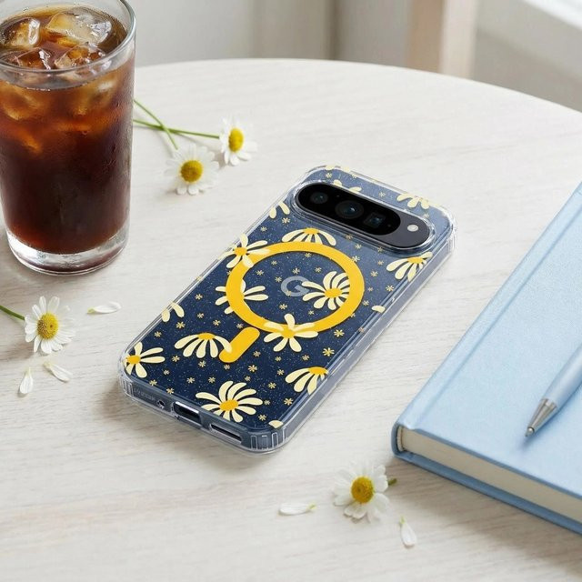 IMD Magnetische Handyhülle mit Sonnenblumen-Glitzer für Google Pixel 9 9 Pro 9 Pro XL 10 10 Pro 10 Pro XL 10A 9A in Blau Farbverlauf, stoßfeste Abdeckung - Bild 1